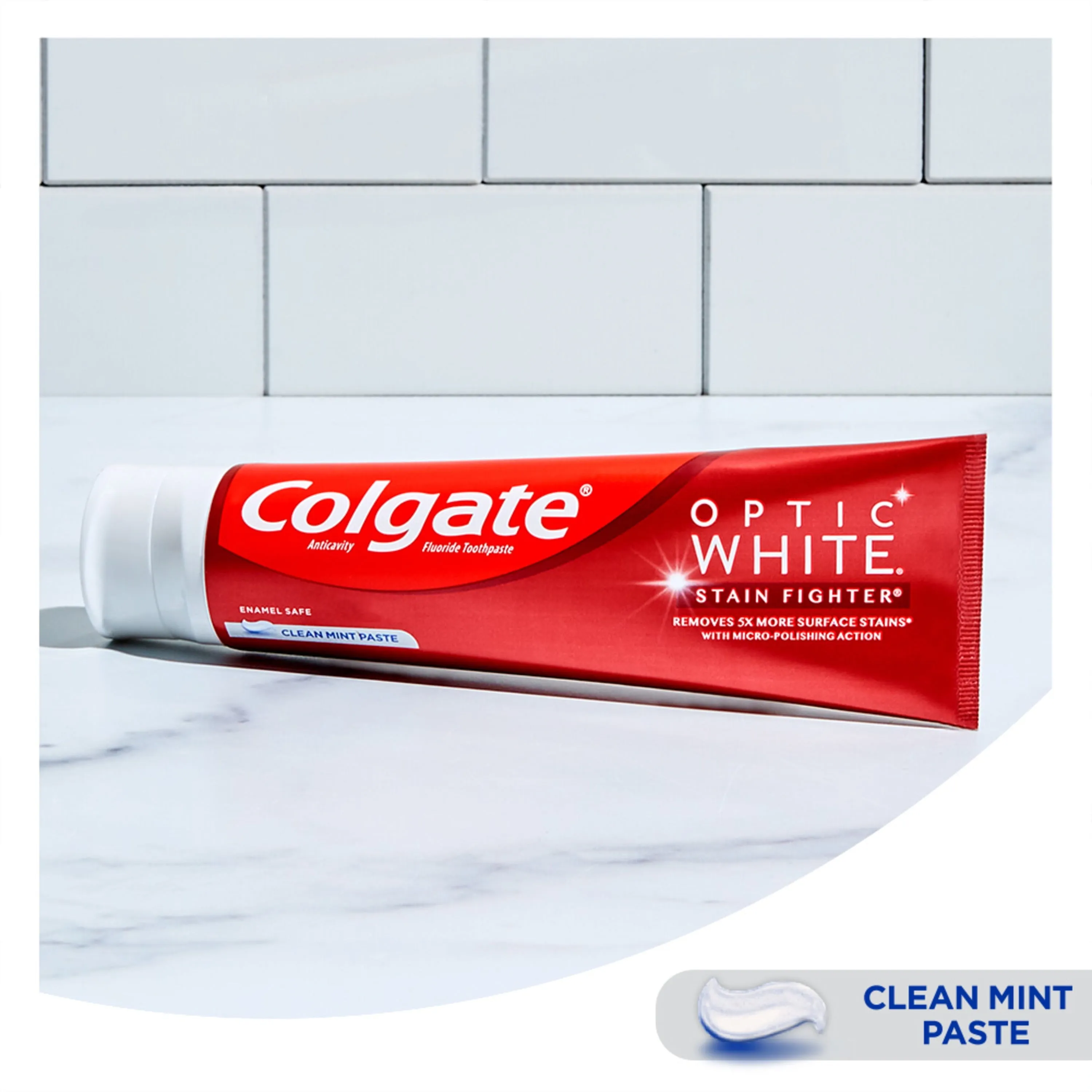 Colgate Optic White Stain Fighter Whitening Toothpaste, 2 Pack, Clean Mint, 6 oz Tubes
