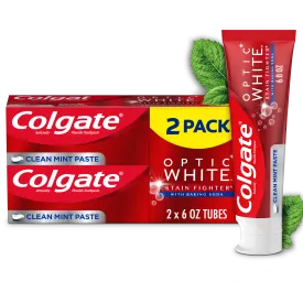 Colgate Optic White Stain Fighter Whitening Toothpaste, 2 Pack, Clean Mint, 6 oz Tubes
