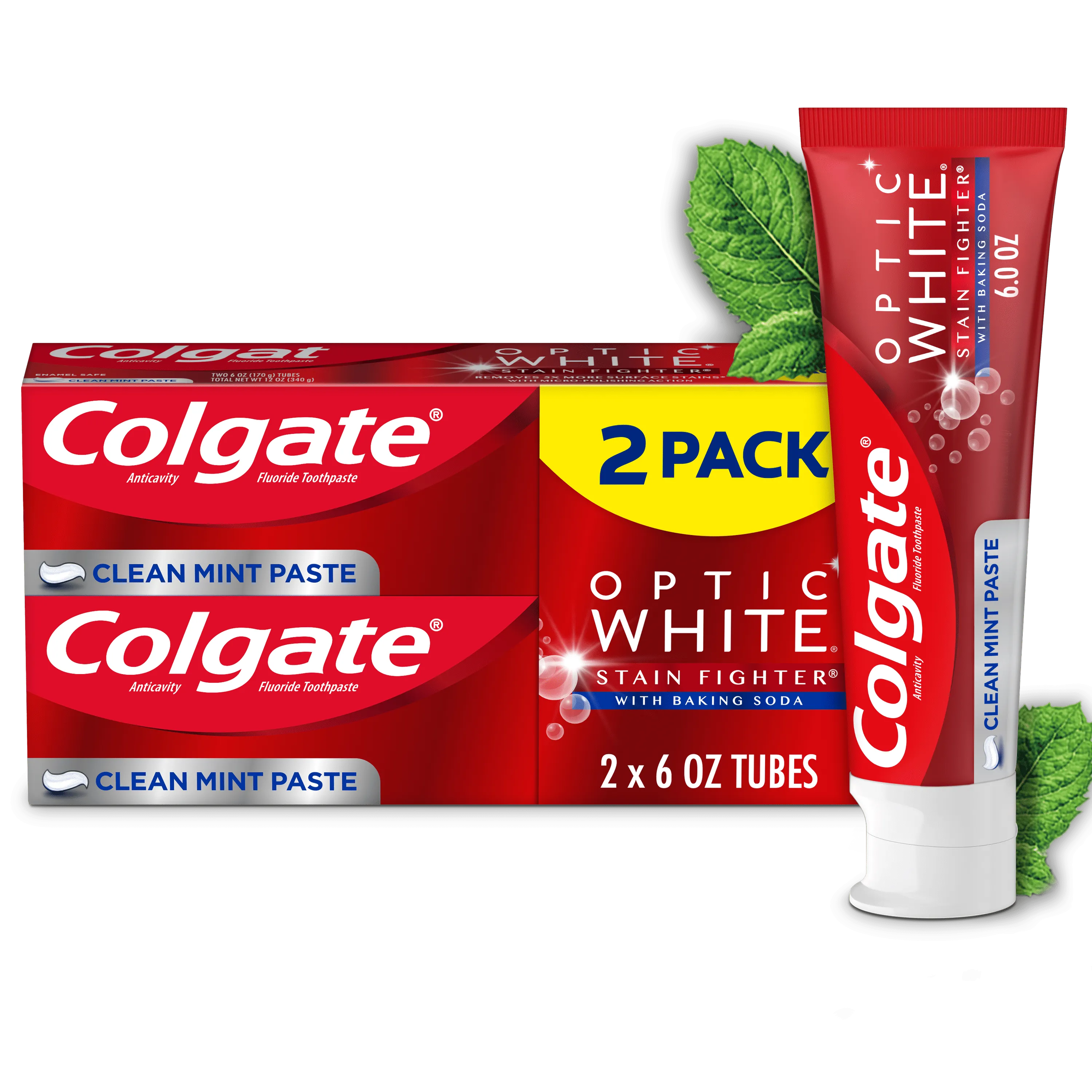 Colgate Optic White Stain Fighter Whitening Toothpaste, 2 Pack, Clean Mint, 6 oz Tubes