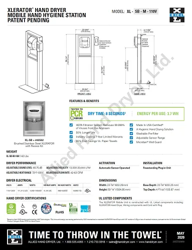 Excel Dryer XLERATOR® XL-SB-M MOBILE HYGIENE STATION - Brushed Stainless XLERATOR® XL-SB (120V) with HEPA Filter
