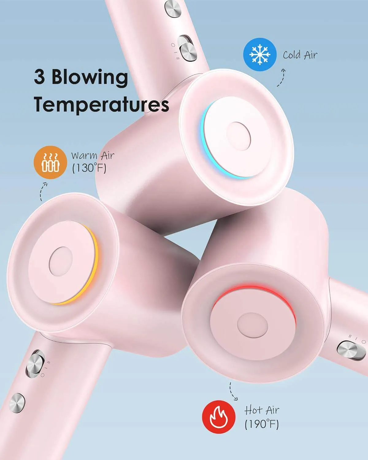 High-Speed Ionic Hair Dryer, 110,000 RPM Motor, 3 Heat Settings - Pink