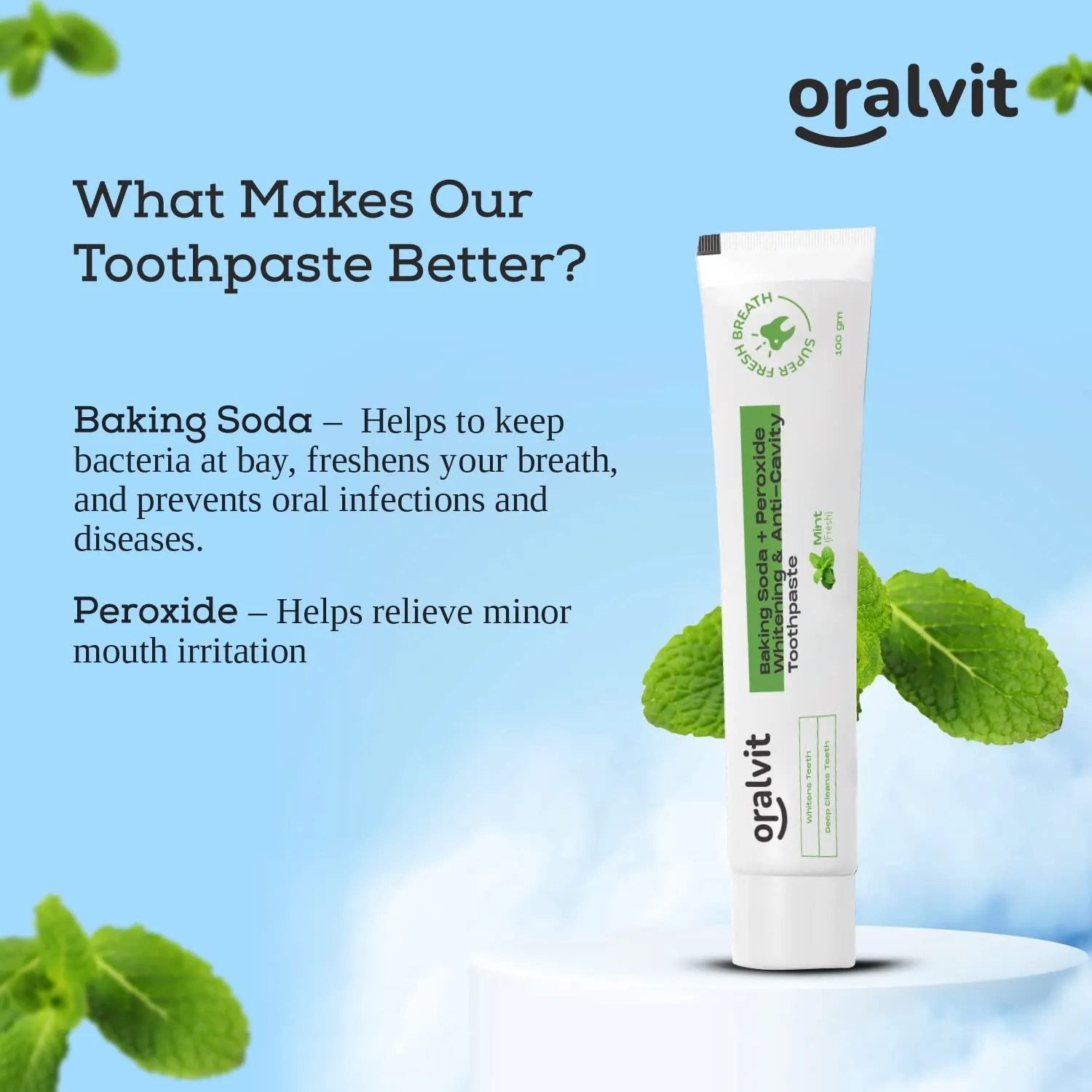 Oralvit Baking Soda and Peroxide Toothpaste for Whitening & Anti-Cavity | Toothpaste with Fresh Mint | Deep Cleanse |Super Fresh Breath | Extreme Whitening– 100gm Mint Flavour (Pack of 4)