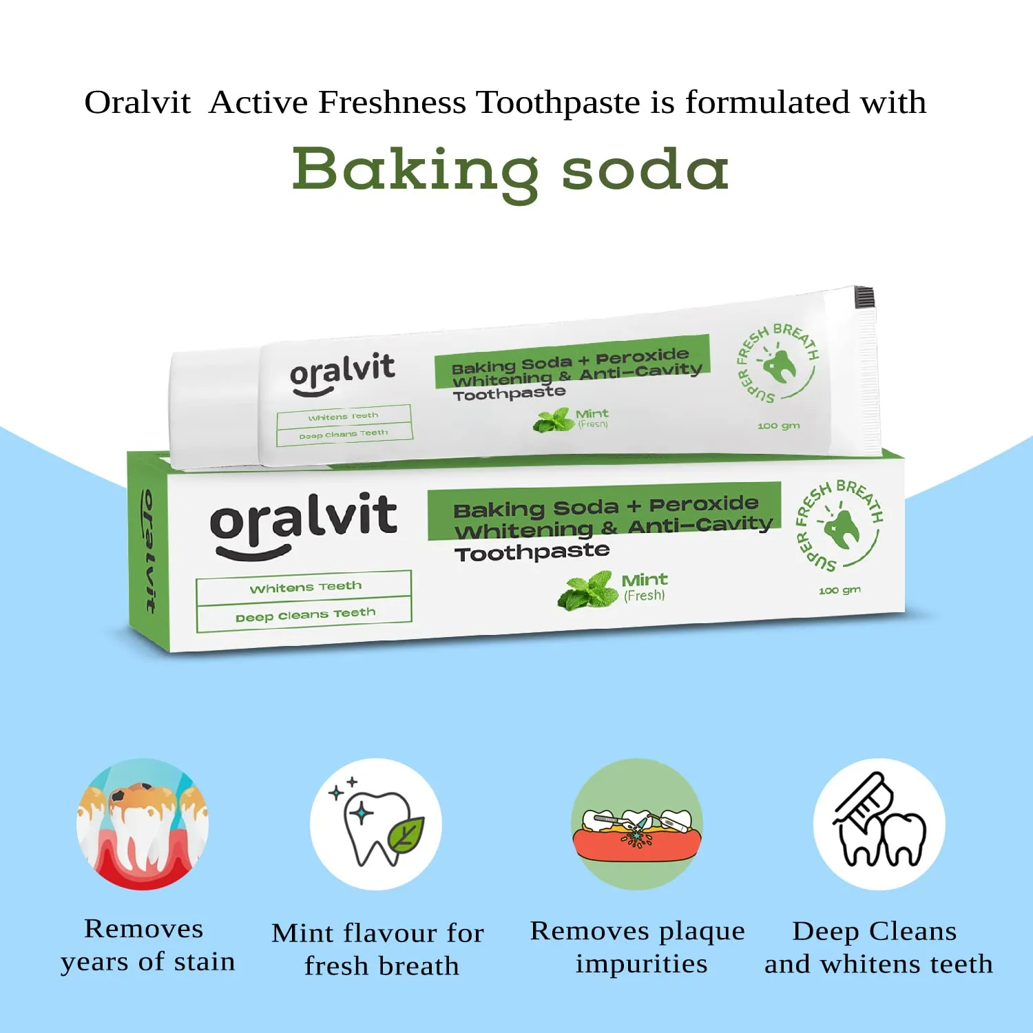 Oralvit Baking Soda and Peroxide Toothpaste for Whitening & Anti-Cavity | Toothpaste with Fresh Mint | Deep Cleanse |Super Fresh Breath | Extreme Whitening– 100gm Mint Flavour (Pack of 4)